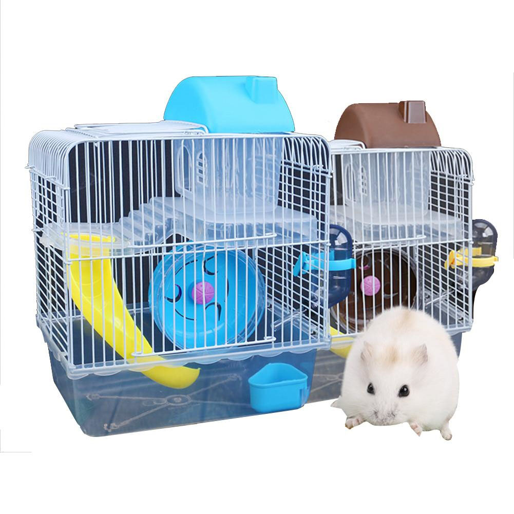 Double-storey-Villa-shaped-Wire-Cage-With-Feeding-Bowl-Running-Roller-Skating-Toy-Small-Castle-Double